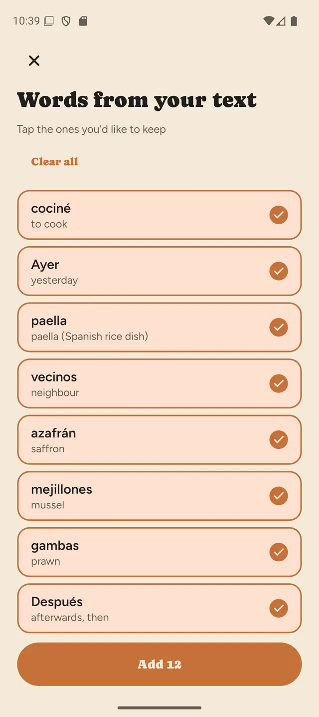 Words found in a pasted text, each with its translation, in the GrammarMama app