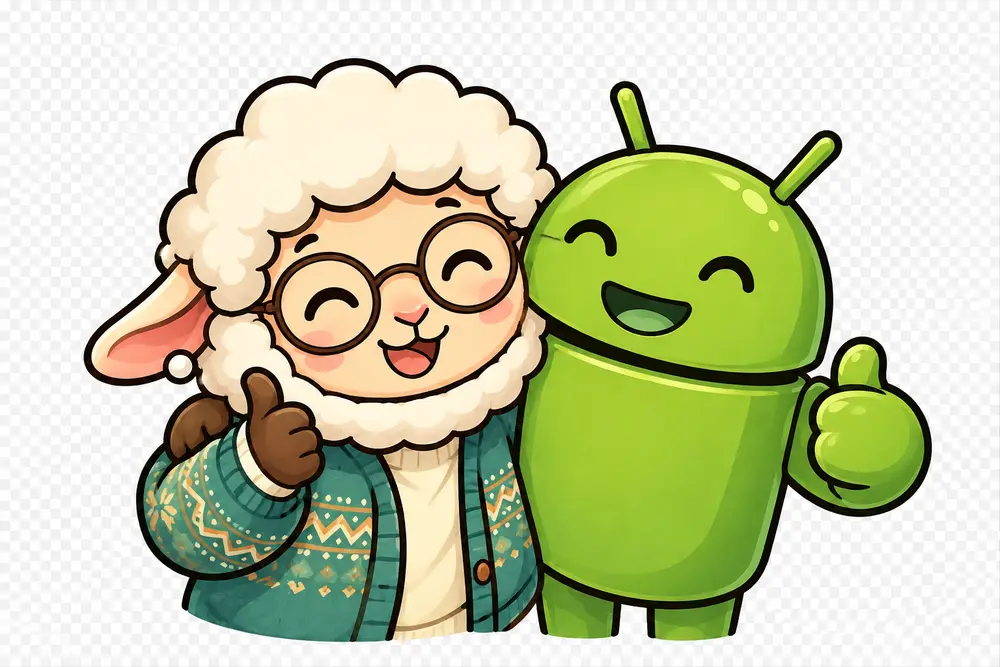 GrammarMama la brebis et le robot Android se serrent dans les bras et lèvent le pouce