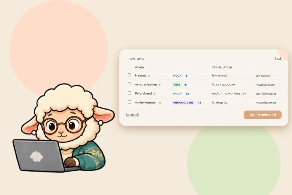 GrammarMama sheep mascot next to a list of words with translations