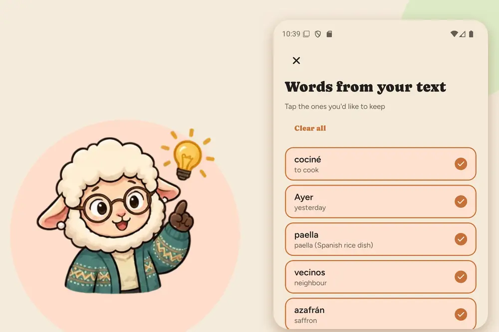 GrammarMama app showing words found in a pasted text, each with its translation