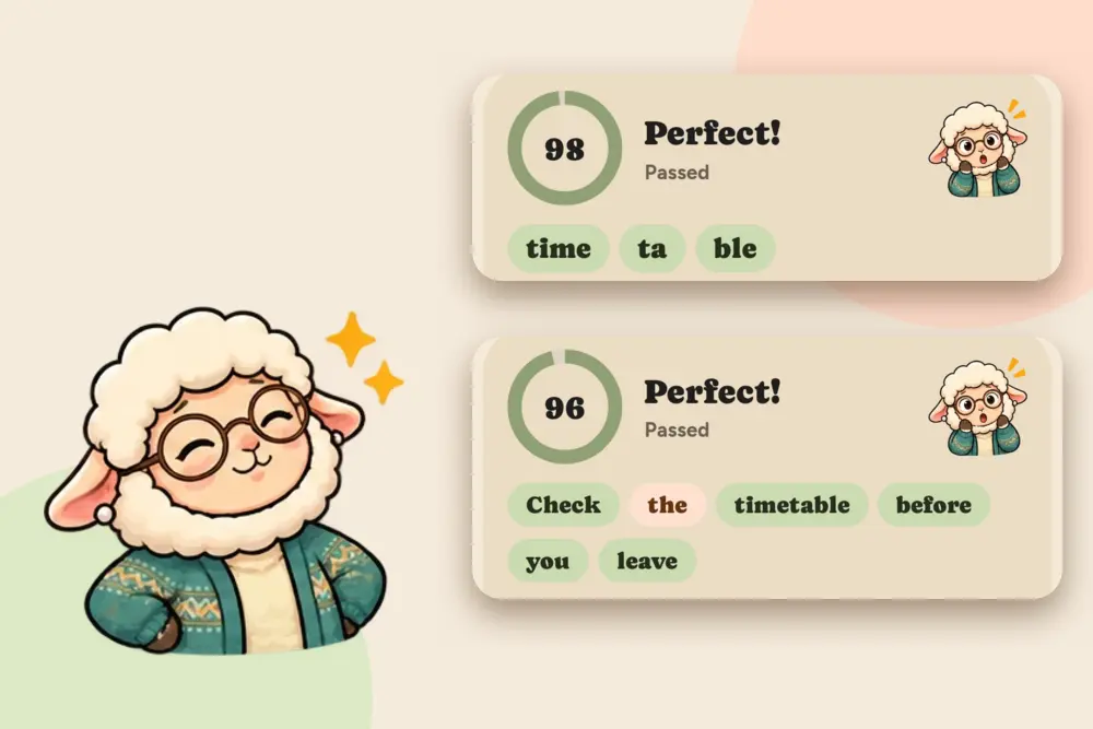 GrammarMama pronunciation scores: 98 for the word timetable with syllable chips, 96 for a sentence with one word marked